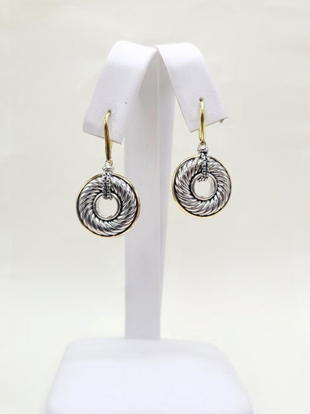 David Yurman Thoroughbred Cable Disc Drop Earrings w/ 18K Yellow Gold - RARE